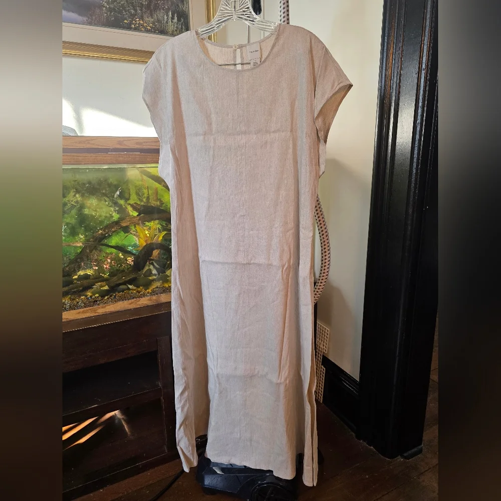 New Calvin Klein Linen Stretch Elegant Cream Midi Dress Large - Picture 4 of 13